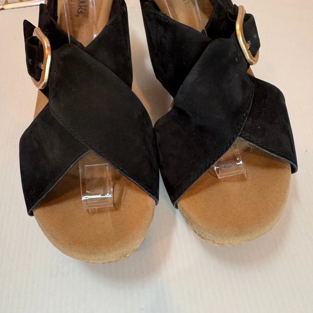 Clarks‎ Suede Cork Sandal Women 10 Black Wedge Slingback Buckle Boho Vacation